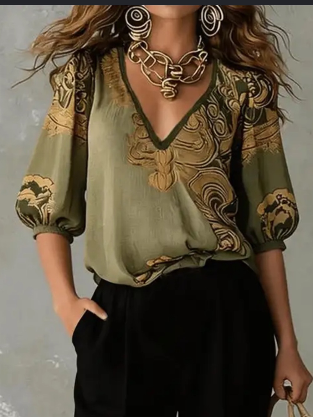 STYLEWE Olive & Gold Printed V-Neck Blouse